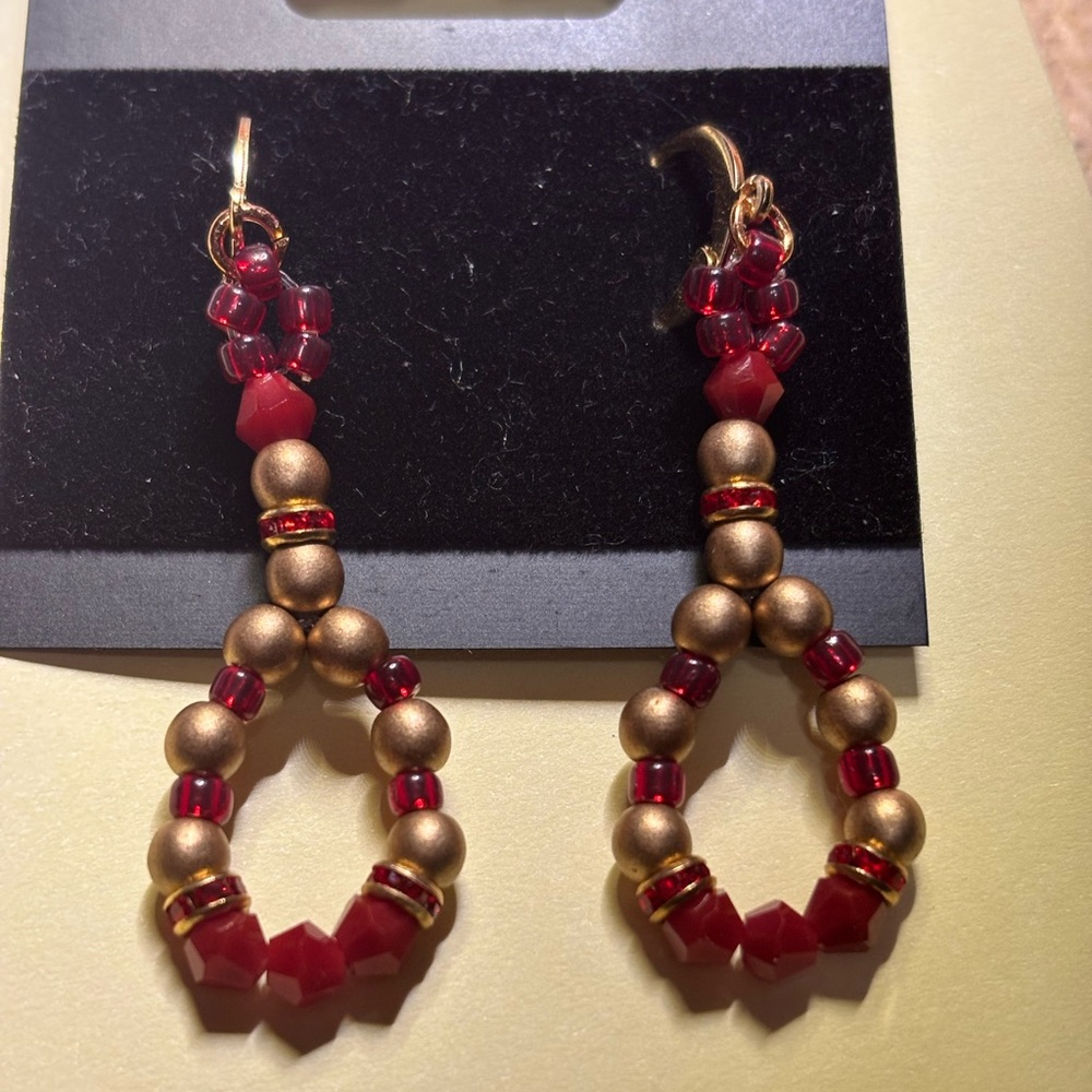 Handmade Red and Gold Beaded Earrings with red rhinestones 2 inches